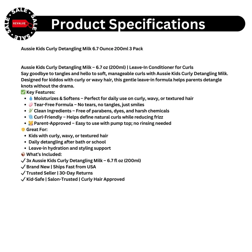 Aussie Kids Curly Detangling Milk‎ Leave-In 6.7oz 3 Pack Sulfate Free